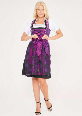 Vintage Traditional Dirndl Dress in Purple Color_ Full View with Apron Pose