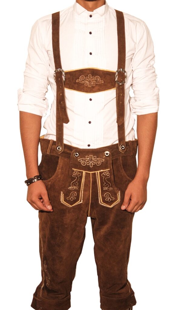 Front view of man in brown embroidered Bundhosen with white shirt and suspenders. - Lederhosen For Sale