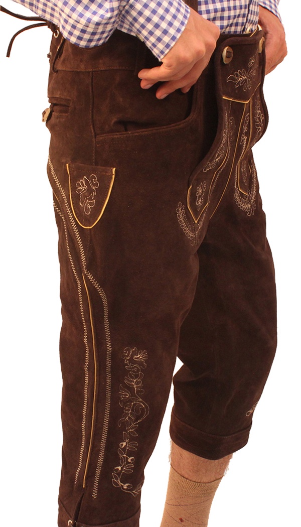 Side view of man in brown knee-length embroidered Lederhosen. - Lederhosen For Sale