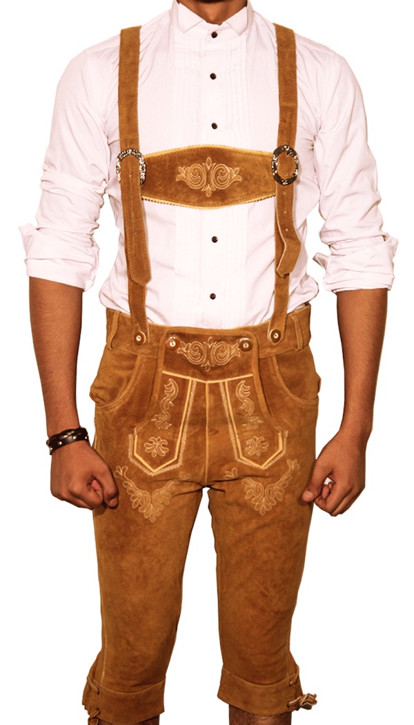 Front view of man in tan knee-length embroidered Lederhosen. - Lederhosen For Sale