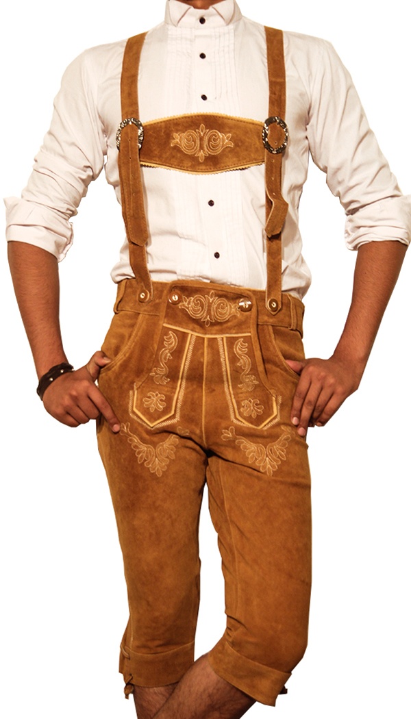 Man standing in tan knee-length embroidered Bundhosen Lederhosen. - Lederhosen For Sale