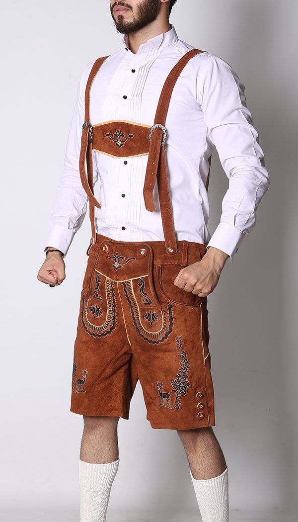 Front view of man in light brown embroidered Lederhosen and white shirt. - Lederhosen For Sale