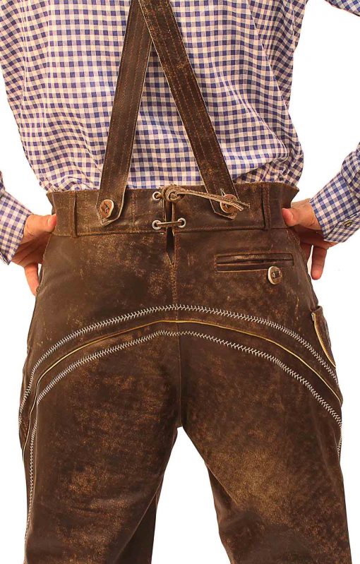Rear view close-up of brown Bundhosen with suspenders and purple checkered shirt. - Lederhosen For Sale