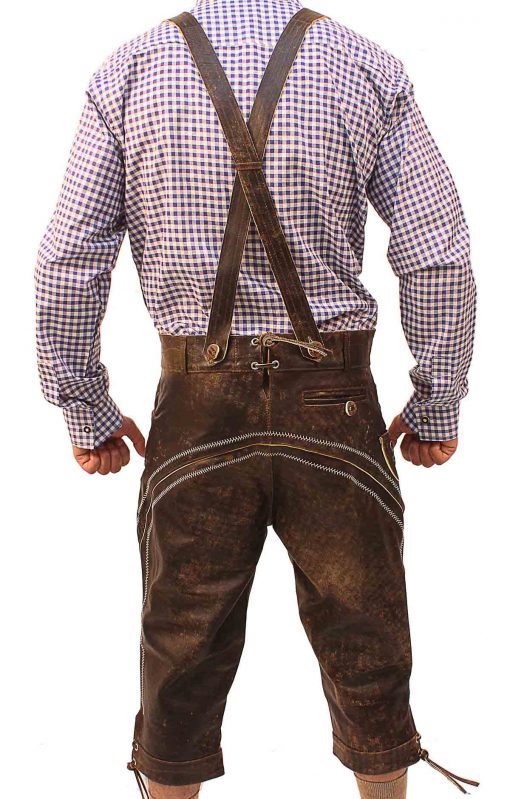 Rear view of man in brown Bundhosen with suspenders and purple checkered shirt. - Lederhosen For Sale