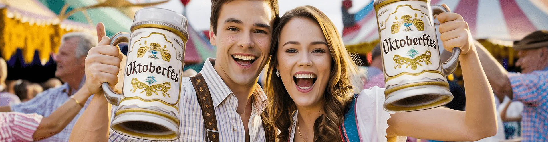 A smiling young couple holding large Oktoberfest beer mugs at a festival. - Lederhosen For Sale