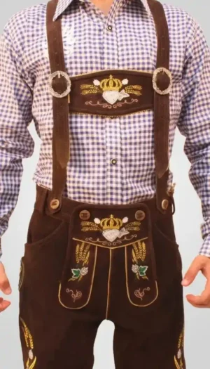 Front view close-up of dark brown Lederhosen with crown and wheat embroidery - Lederhosen For Sale