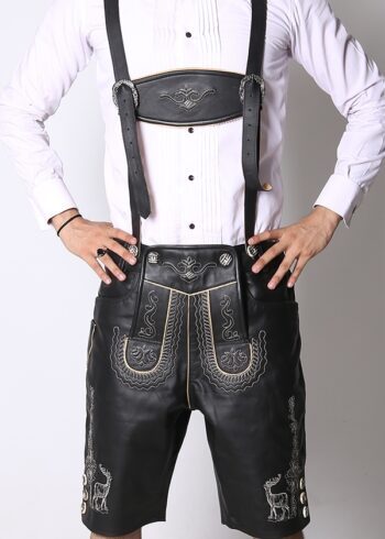 Front view of man in black embroidered deer motif Lederhosen. - Lederhosen For Sale