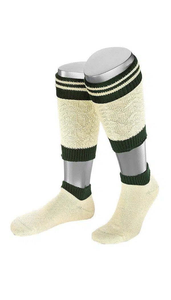 Bavarian traditional two-piece Loferl socks in cream and green on a mannequin display. - Lederhosen For Sale
