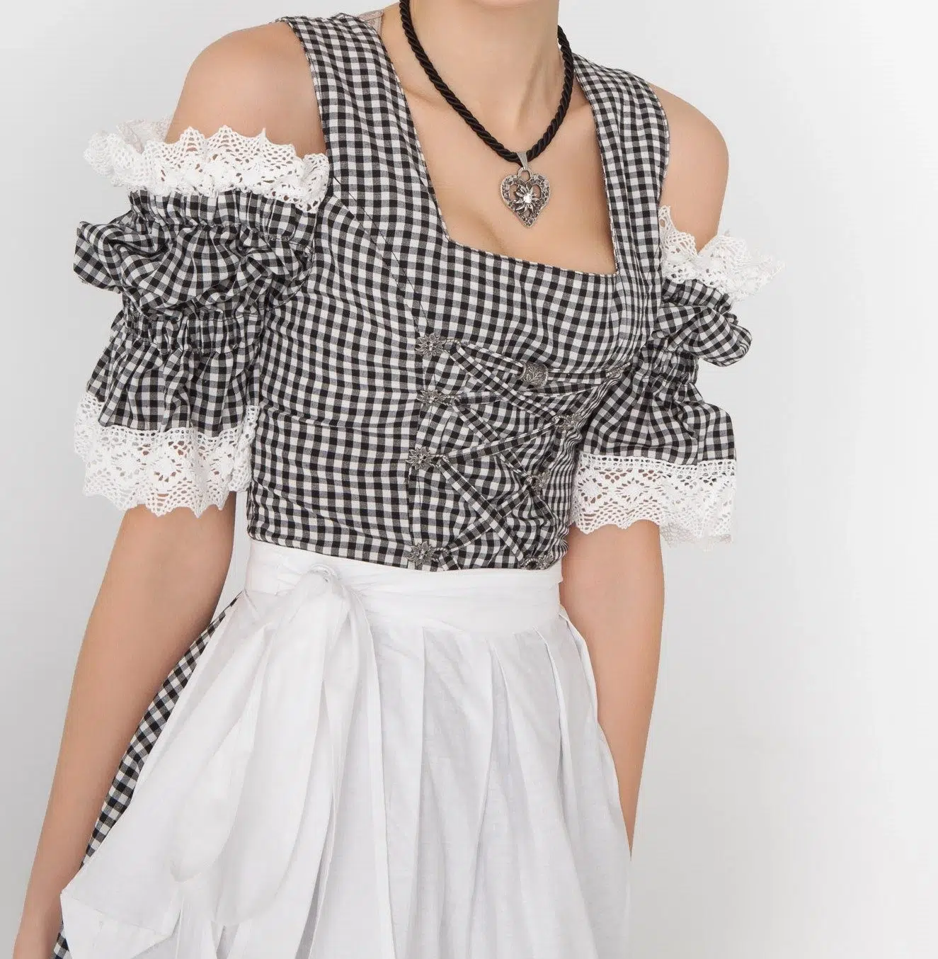 Woman in black checkered Dirndl with white apron. - Lederhosen For Sale