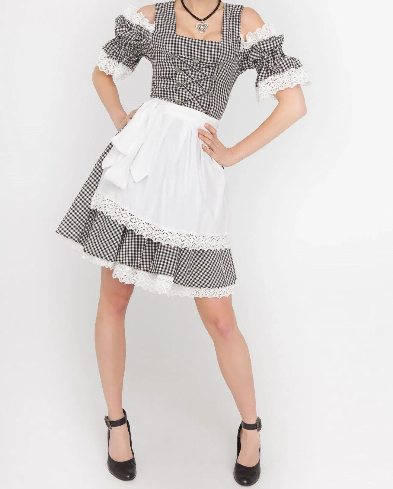 Woman posing in black checkered Dirndl with white apron. - Lederhosen For Sale