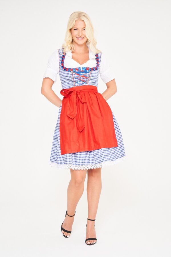 Blonde woman posing in blue checkered Dirndl with red apron. - Lederhosen For Sale