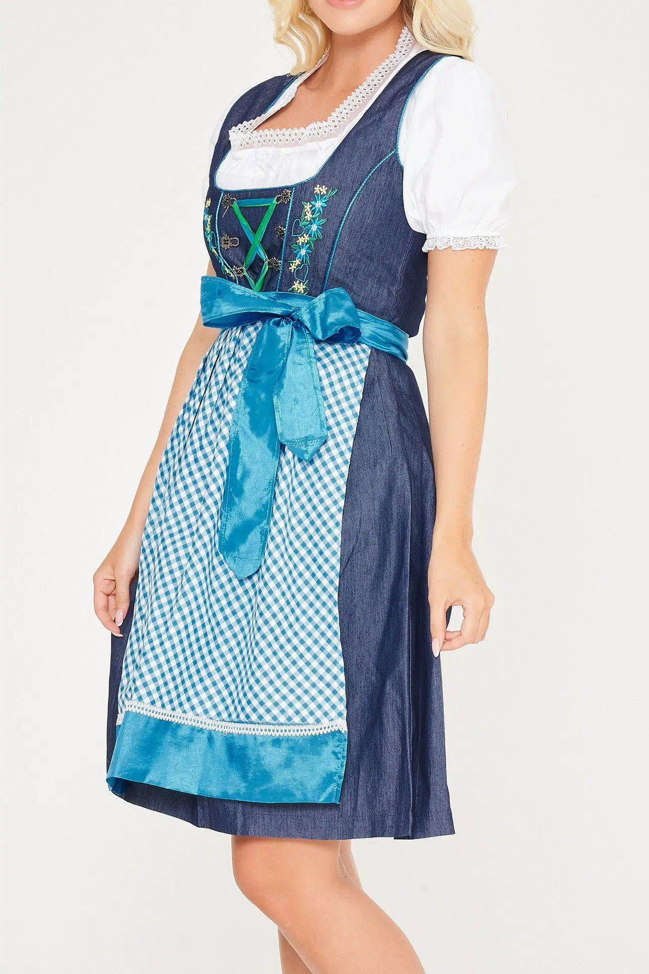Close-up of blue denim Erna midi Dirndl dress. - Lederhosen For Sale