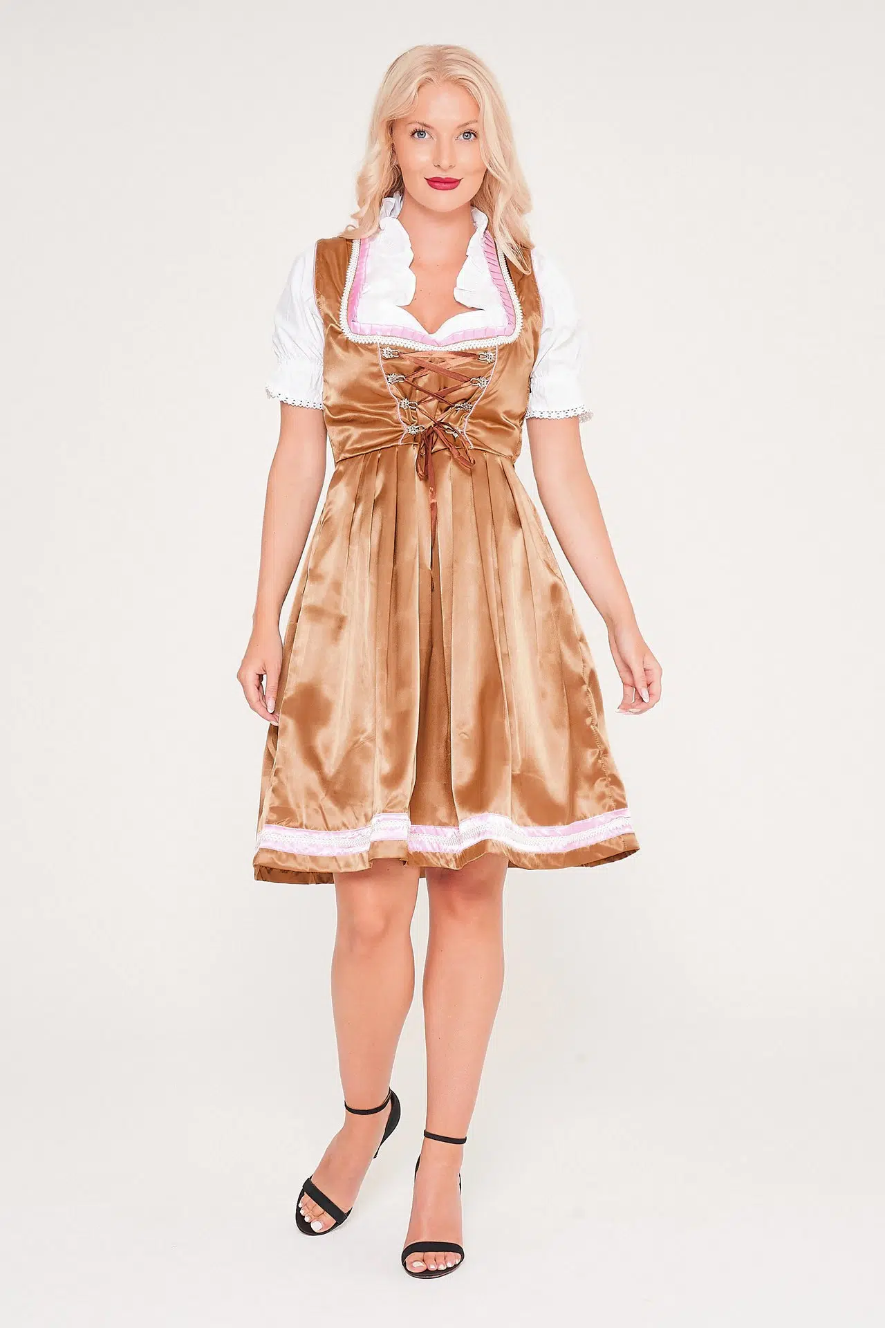 Blonde woman posing in golden midi Dirndl dress. - Lederhosen For Sale