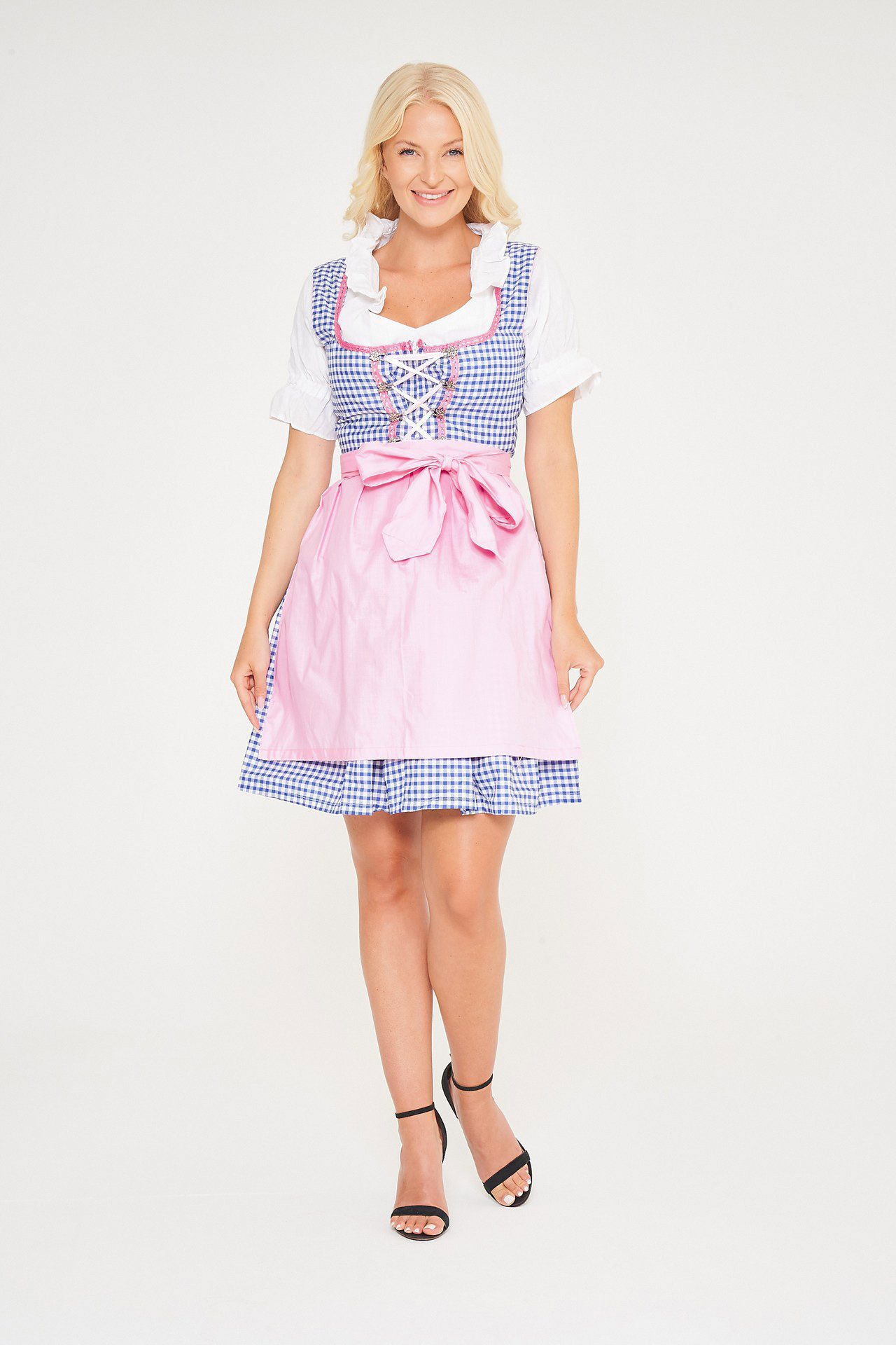 Blonde woman posing in blue checkered Dirndl with apron. - Lederhosen For Sale