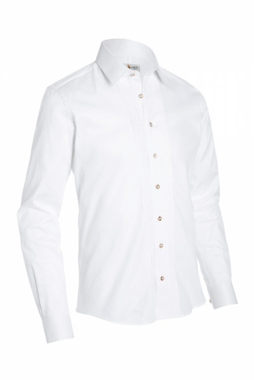 Men's white traditional Bavarian shirt with pleated front placket. - Lederhosen For Sale