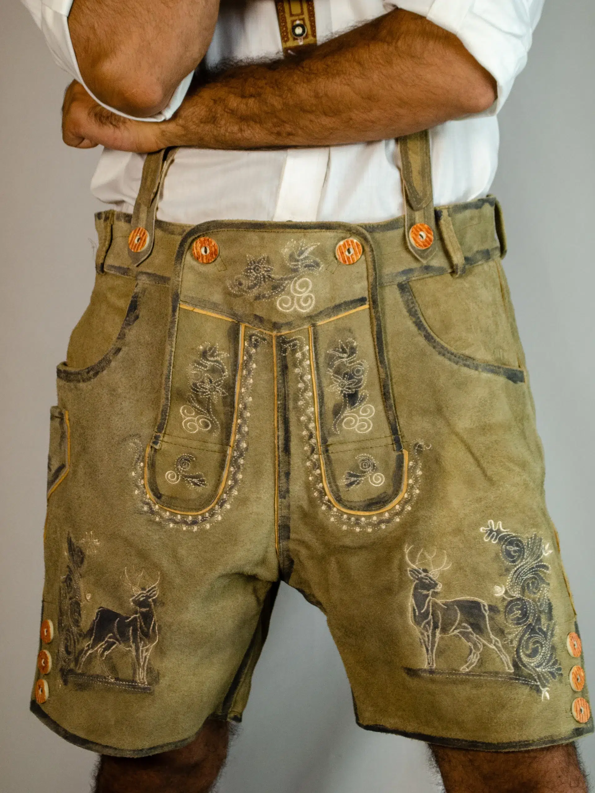Front view of man in shaded brown embroidered Lederhosen. - Lederhosen For Sale