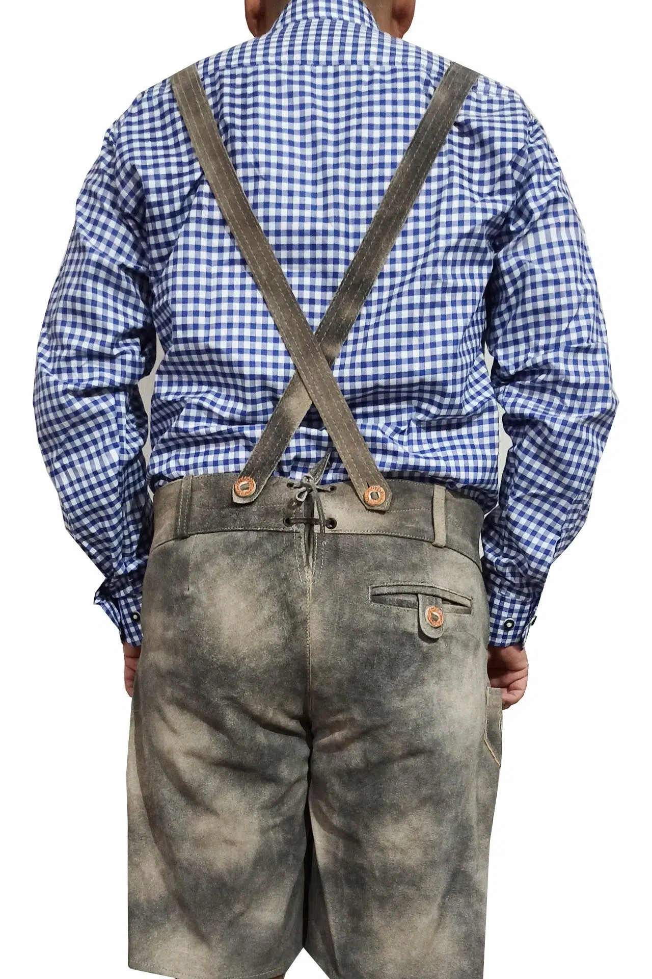 Rear view of man in grey Lederhosen with suspenders and blue checkered shirt. - Lederhosen For Sale