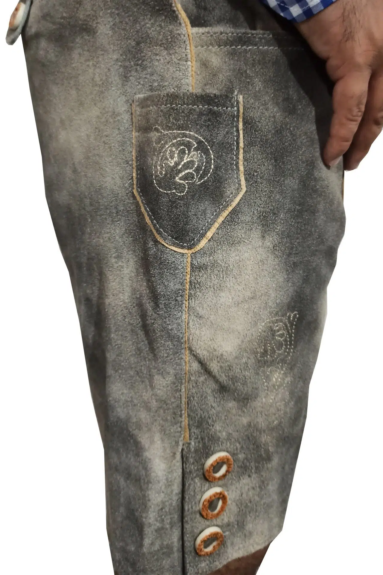 Side view close-up of grey embroidered Lederhosen with buttons. - Lederhosen For Sale