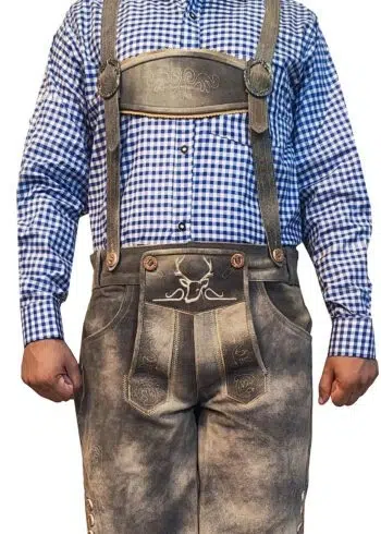 Front view of man in grey embroidered Lederhosen with blue checkered shirt. - Lederhosen For Sale