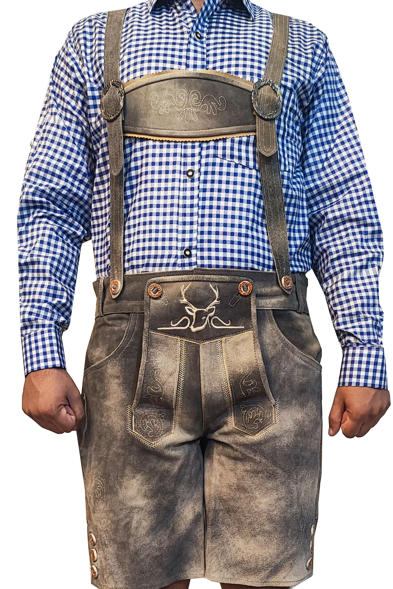 Man wearing traditional gray slate Lederhosen with stag embroidery and a blue checkered shirt. - Lederhosen For Sale