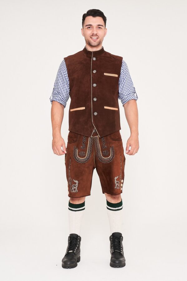 Front view of man standing in brown waistcoat, Lederhosen, and blue checkered shirt. - Lederhosen For Sale