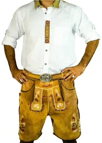 Men's vintage light brown Lederhosen shorts with detailed embroidery paired with a white button-down shirt. - Lederhosen For Sale