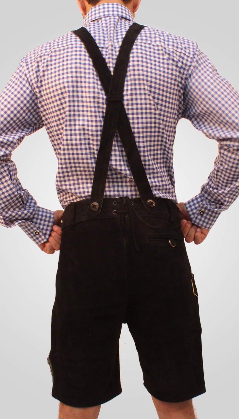 Rear view of man in black knee-length Lederhosen with matching suspenders. - Lederhosen For Sale