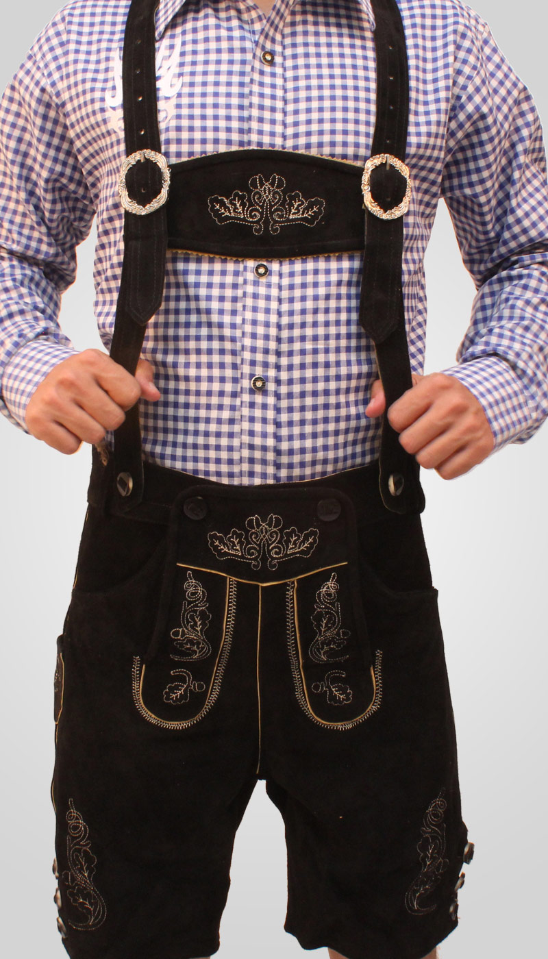 Front view of man in black embroidered Lederhosen. - Lederhosen For Sale