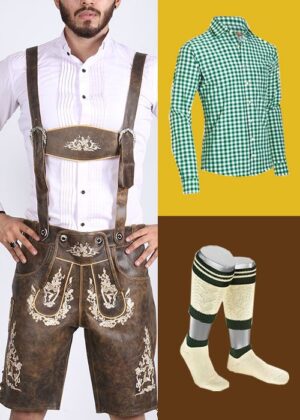 Oktoberfest men's clothing bundle featuring embroidered leather Lederhosen, green checkered shirt, and Loferl socks. - Lederhosen For Sale