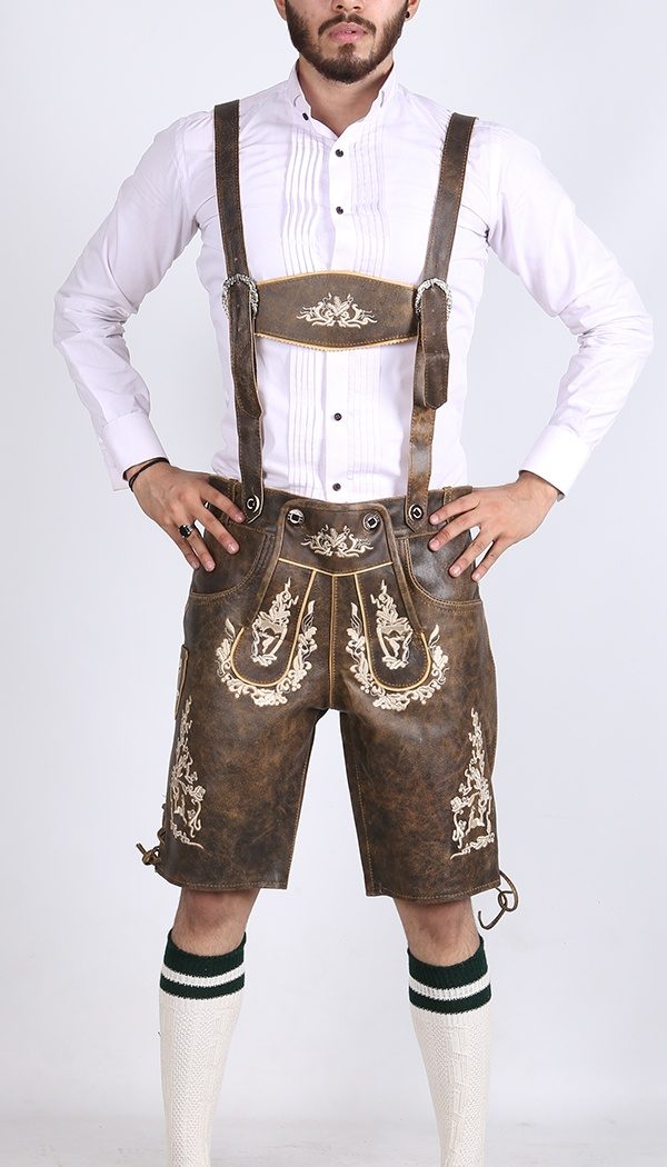 Man in embroidered brown leather Lederhosen with white shirt - Lederhosen For Sale