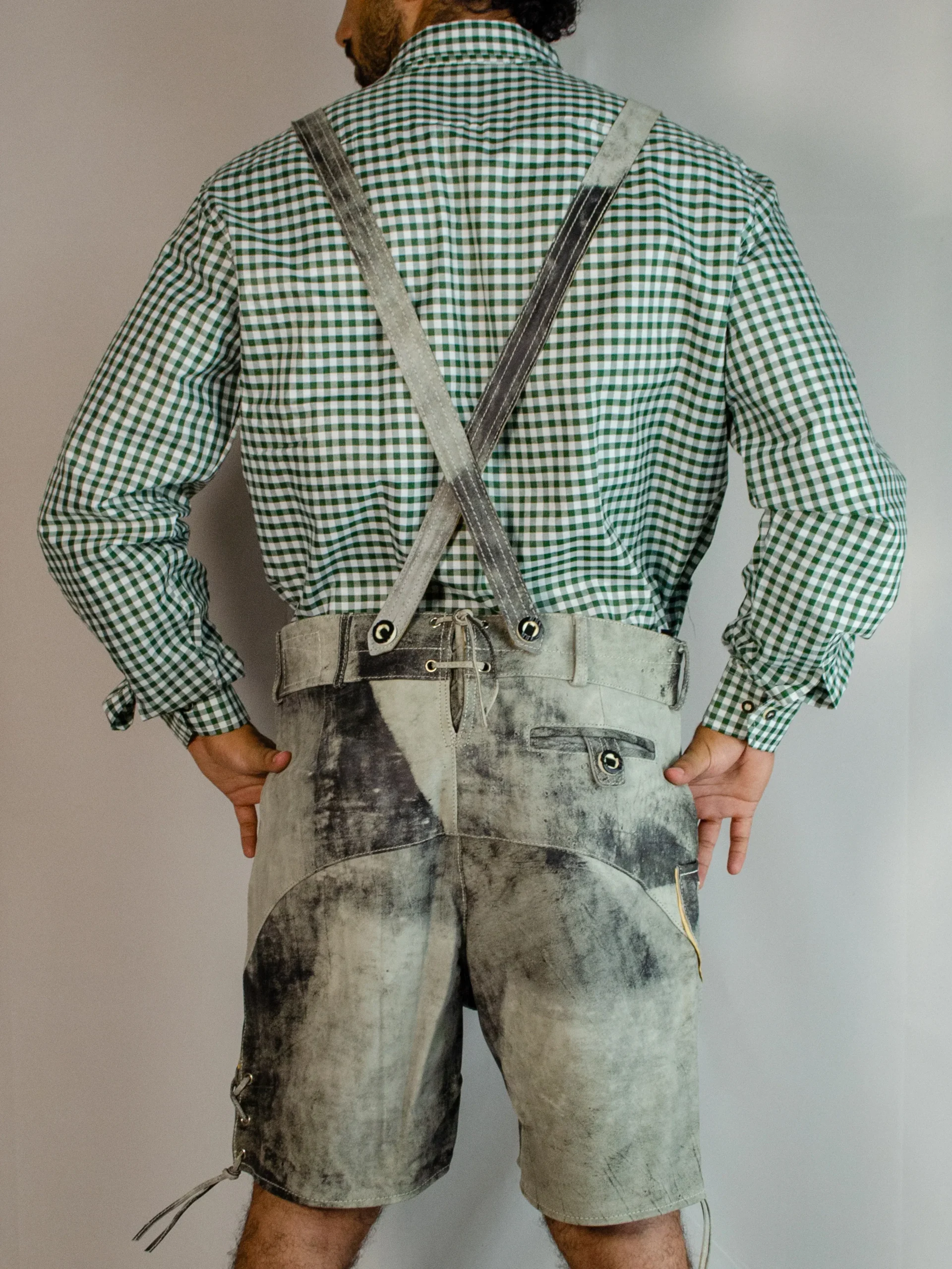 Trachten Short Mens Lederhosen Shaded Grey – Back View - Lederhosen For Sale